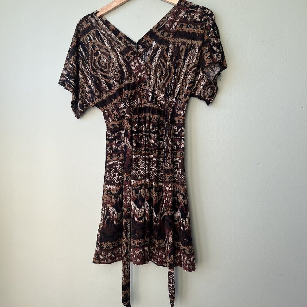 Multicolor Print Dress Short Sleeve V-Neck Waist Tie Polyester Spandex S